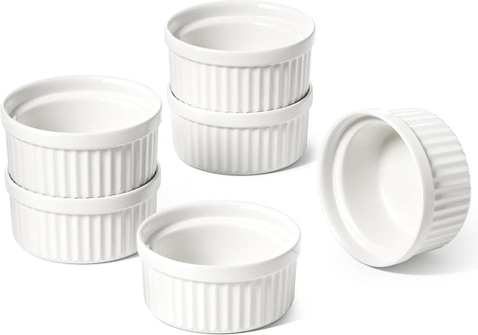 LE TAUCI Ramekins 4 OZ Oven Safe, Creme Brulee Ramekins, Pudding Custard Cups Souffle Ramiken, Dipping Sauce Dishes, Ceramic Ramekin Bowls Set of 6, White