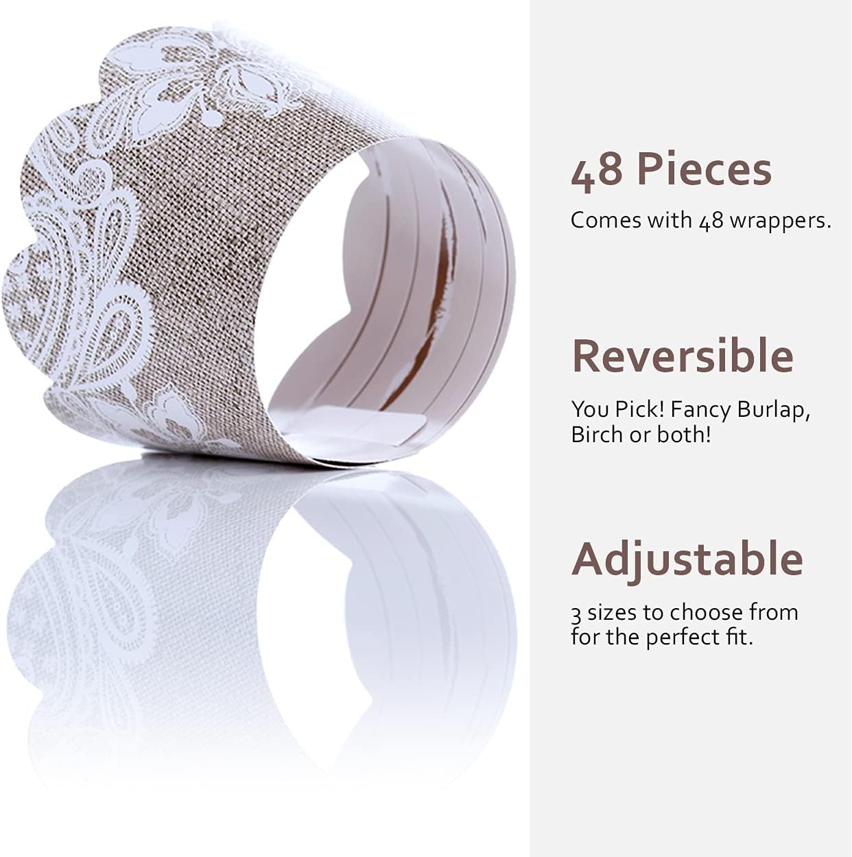 Burlap and Lace Cupcake Wrappers, 48 Count - Rustic Birch and Wood Grain Design, Burlap Cupcake Wrappers for Weddings and Parties by Pretty Cute Studios