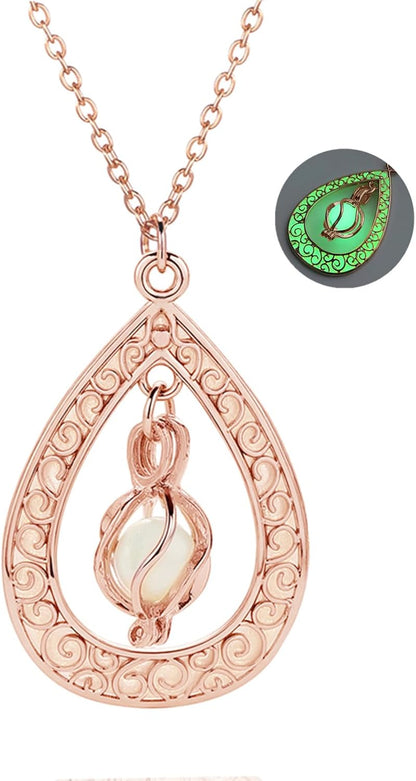 EEQQBZ Glow in The Dark Silver Teardrop shape necklace,Fantasy Glowing Jewelry Charm