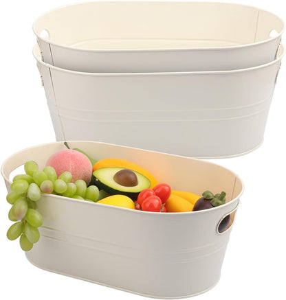 3 PCS 15.3 x 9 x 6 inches White Metal Galvanized Tub with Iron Handles, 3 Gallon Beverage Tubs for Parties, Large Ice Buckets for Beer, Wine, Cocktails & Outdoor Events