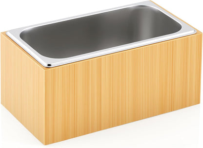Ice Housing Bin with Removable Tray Ice Holder Container Wine Beer Champagne Drink Bucket Beverage Tub for Freezer Display Buffet Bar Counter Party Drink Chiller(Bamboo and Steel,21" X 13" X 5.5")