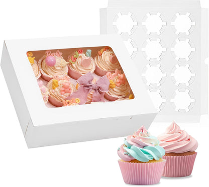 Moretoes 12 Count Graduation Cupcake Boxes, 3 Pack Paper Cupcake Containers with Window, Hold 36 Pastries, Disposable Graduation Party Boxes for Cupcakes Desserts(White)