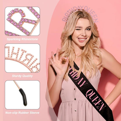 Birthday Sash & Crown for Women - Tiara Headband, Girls' Decorations Accessories