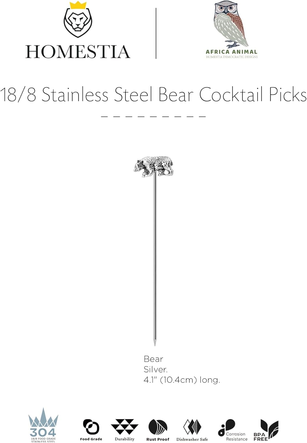 Homestia Stainless Steel Cocktail Picks, 4.7 Inch Reusable Martini Olive Picks, Metal Garnish Skewers for Drinks, Appetizers, Bloody Mary - Set of 6 Metal Cocktail Picks for Party Bar
