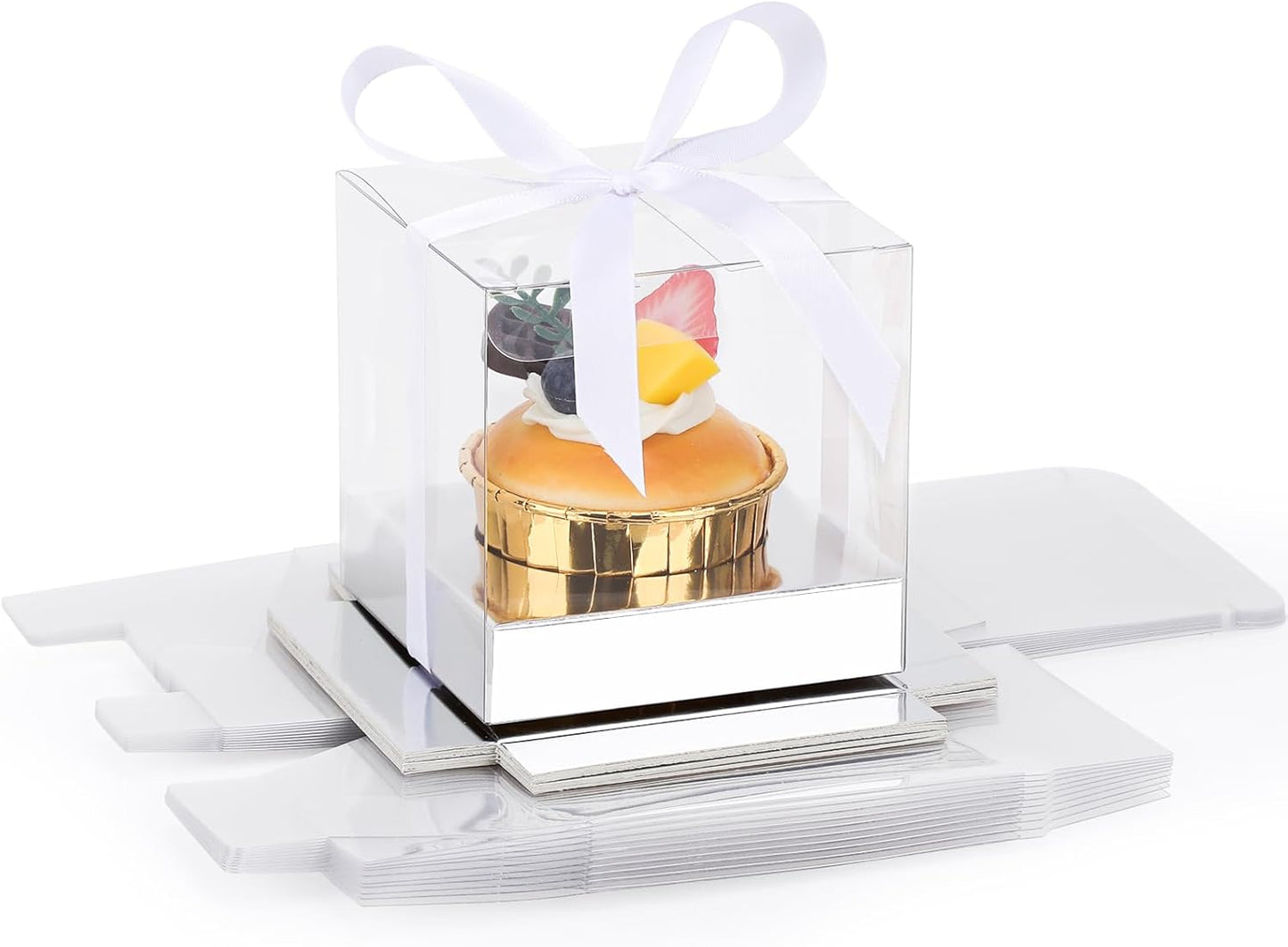 EUSOAR Individual Cupcake Holder, 50pcs 3.5 Inch Plastic Black Cupcake Containers with Lids, Single Transparent Display Clear Cupcake Carrier with Ribbon and Inserts for Wedding Party Favor