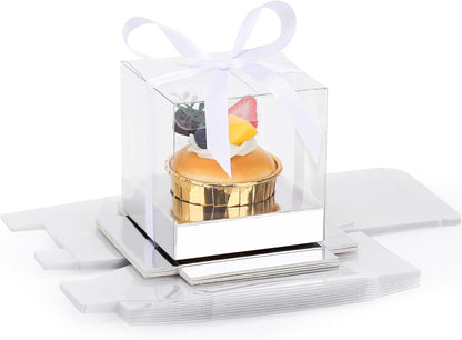 EUSOAR Individual Cupcake Holder, 50pcs 3.5 Inch Plastic Black Cupcake Containers with Lids, Single Transparent Display Clear Cupcake Carrier with Ribbon and Inserts for Wedding Party Favor