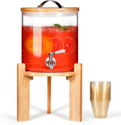 Glass Beverage Dispenser with Bamboo Stand 6.7 In and Lid, Iced 2.9 Gallon Drink Server with Spigot, Large Thick Glass Drink Dispenser for Parties, Hotels, Restaurants, Homes