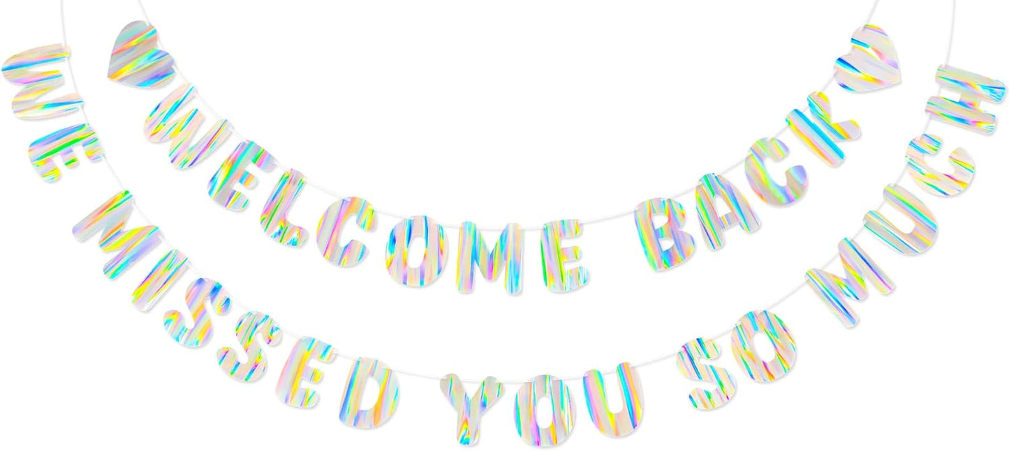 Iridescent Welcome Back We Missed You So Much Banner, Holographic Welcome Back Decorations, Pre-Strung Welcome Home sign for Office Party, Family Gathering, Back to School, Military Homecoming