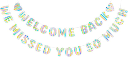 Iridescent Welcome Back We Missed You So Much Banner, Holographic Welcome Back Decorations, Pre-Strung Welcome Home sign for Office Party, Family Gathering, Back to School, Military Homecoming
