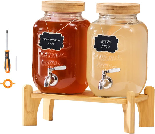 VEVOR Beverage Dispenser, 3 Pack 1 Gallon Drink Dispensers for Parties, Glass Juice Dispenser with Wood Stand, Stainless Steel Spigot, Infuser, Iced Tea Lemonade Juice Water Dispensers for Parties