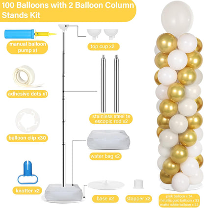 2 Set Black and Gold Balloons Column Stand Kit with 100 Balloons Adjustable Balloon Stand with Bases for Floor Black Gold Confetti Balloon Column Kit for Bridal Shower Valentine Birthday Party Decor