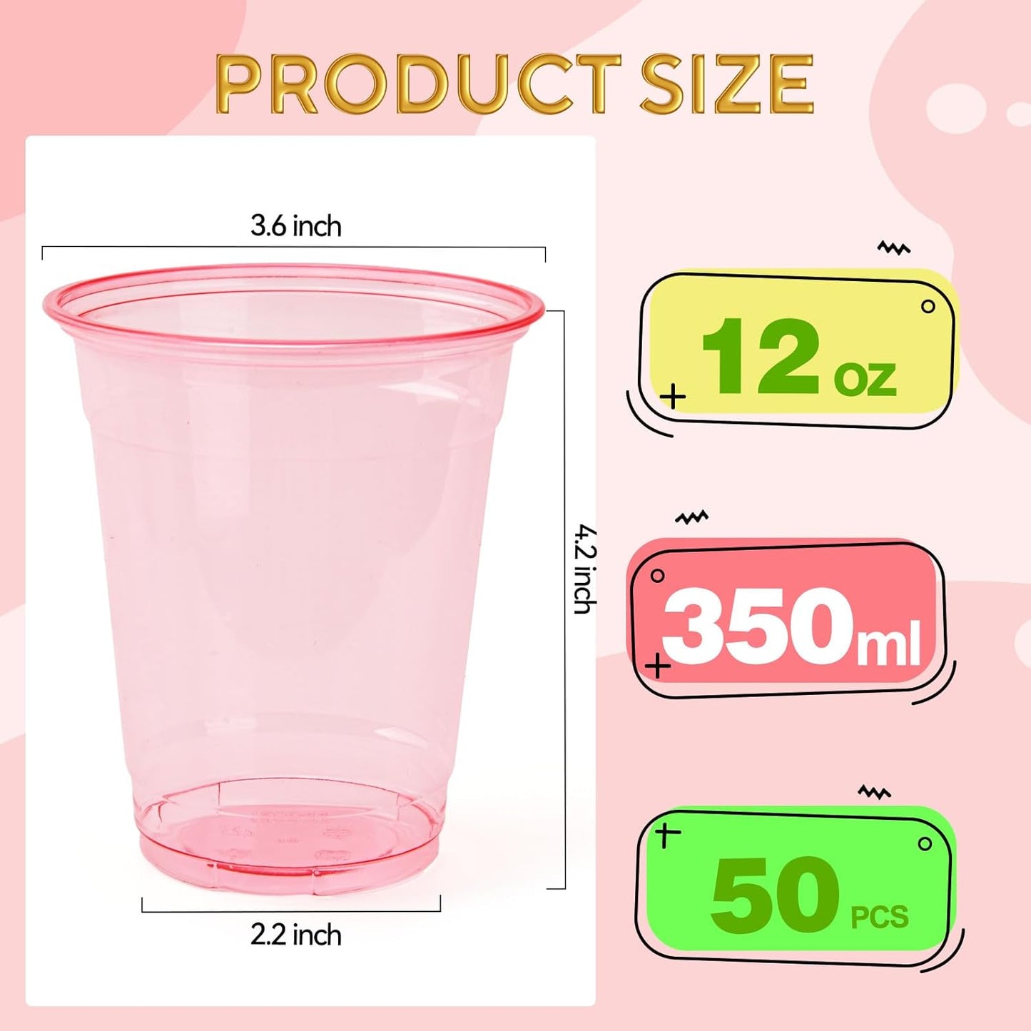 50 Pack Black Clear Plastic Cups 12 oz Disposable Drinking Cups for Wedding Black Birthday Party Supplies