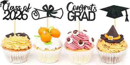 2026 Graduation Theme Cupcake Toppers Glitter Class of 2026 Graduation Cap Diploma Cupcake Picks - Set of 24 (Gold)