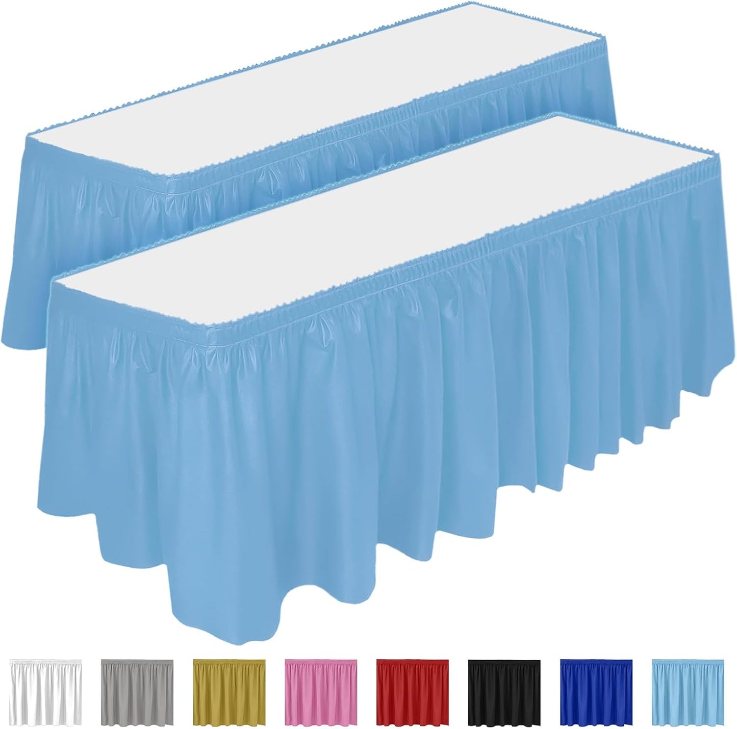 DecorRack 2 Pack Table Skirts, 29 in x 14 ft Each, Multi Pack -BPA Free- Plastic Tableskirt, Disposable, Reusable, Rectangular Tablecloth Skirt, White (2 Pack)