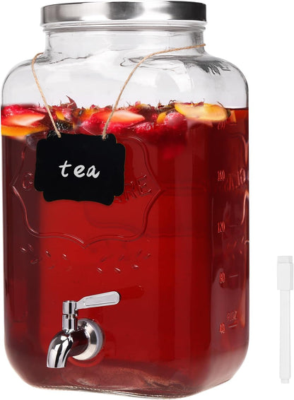 Bululuo Glass Drinks Dispenser for Parties, 2 PACK 1 Gallon Beverage Dispenser with Stand for Juice and Iced Tea, Water Jug Dispenser for Lemonade, Party Essential Beverage Pitcher with Spout