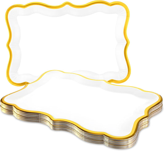 40 Pcs White and Gold Rim Cardboard Serving Trays, 9" x 13" Disposable Serving Trays and Platters Cupcake Platter Rectangle Gold Servings Tray for Fruit Dessert Cookies Birthday Party Wedding