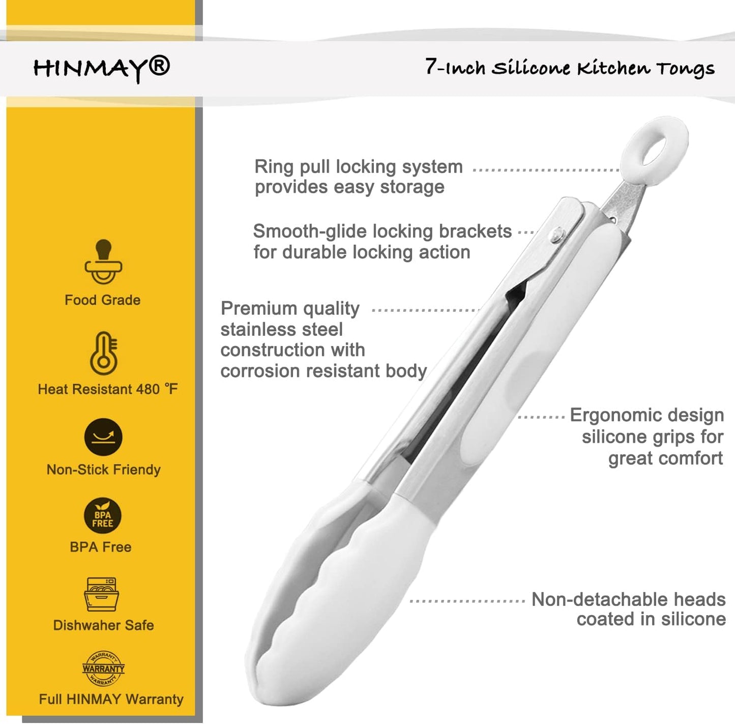 HINMAY Small Silicone Tongs 7-Inch Mini Serving Tongs, Set of 3 (Black Gray White)