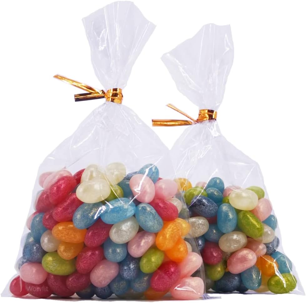 Wowfit 100 CT 6x10 Inch Clear Flat Cellophane Treat Bags with 6” Gold Twist Ties, Cello Packaging for Gift Wrapping, Decorations, and Food Storage