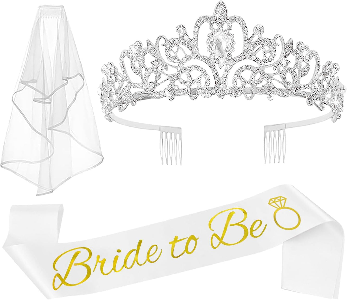 JETKONG 3 Pcs Bachelorette Party Decorations Bridal Shower Crown, Bride to Be Sash&Veil for Women Bachelorette Party Gifts, Bachelorette Party Supplies, Gifts, Favors (Rose Gold)