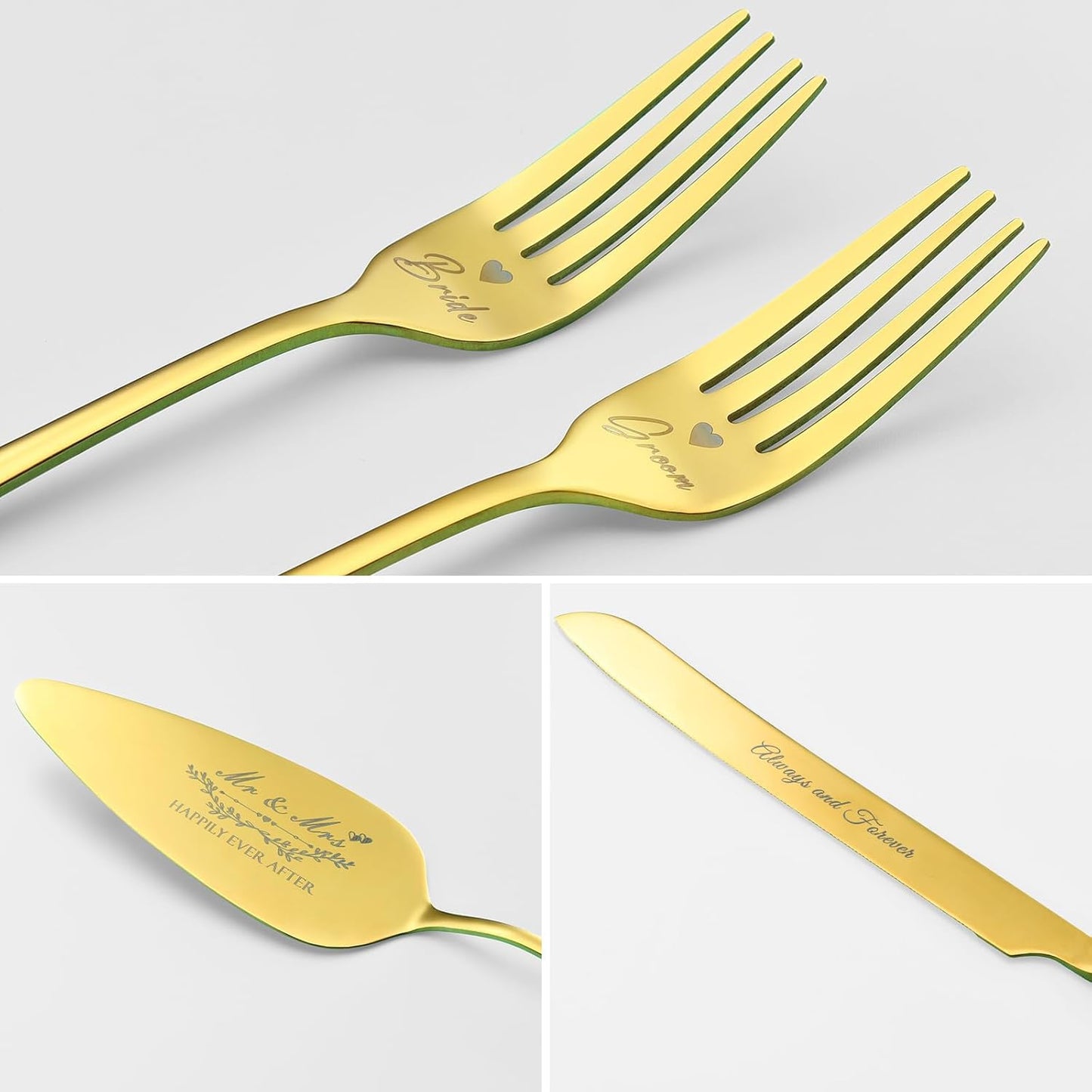 Wedding Cake Knife and Server Set, Gold Cake Cutting Set for Wedding, 4 Pieces Set with Forks for Engagements, Anniversaries, Bride and Groom