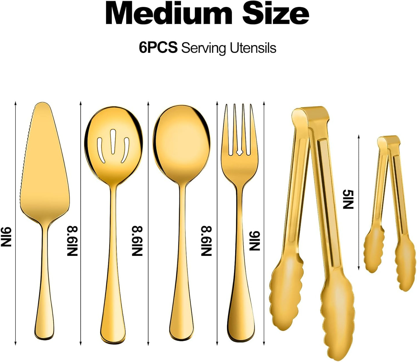 Serving Utensils, XEVOM 6-Piece Stainless Steel Serving Utensil Set Include Serving Spoon, Slotted Serving Spoon, Serving Fork,Serving Tong, Appetizers Tong,Pie Server (Silver), Regular