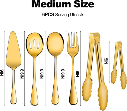 Serving Utensils, XEVOM 6-Piece Stainless Steel Serving Utensil Set Include Serving Spoon, Slotted Serving Spoon, Serving Fork,Serving Tong, Appetizers Tong,Pie Server (Silver), Regular