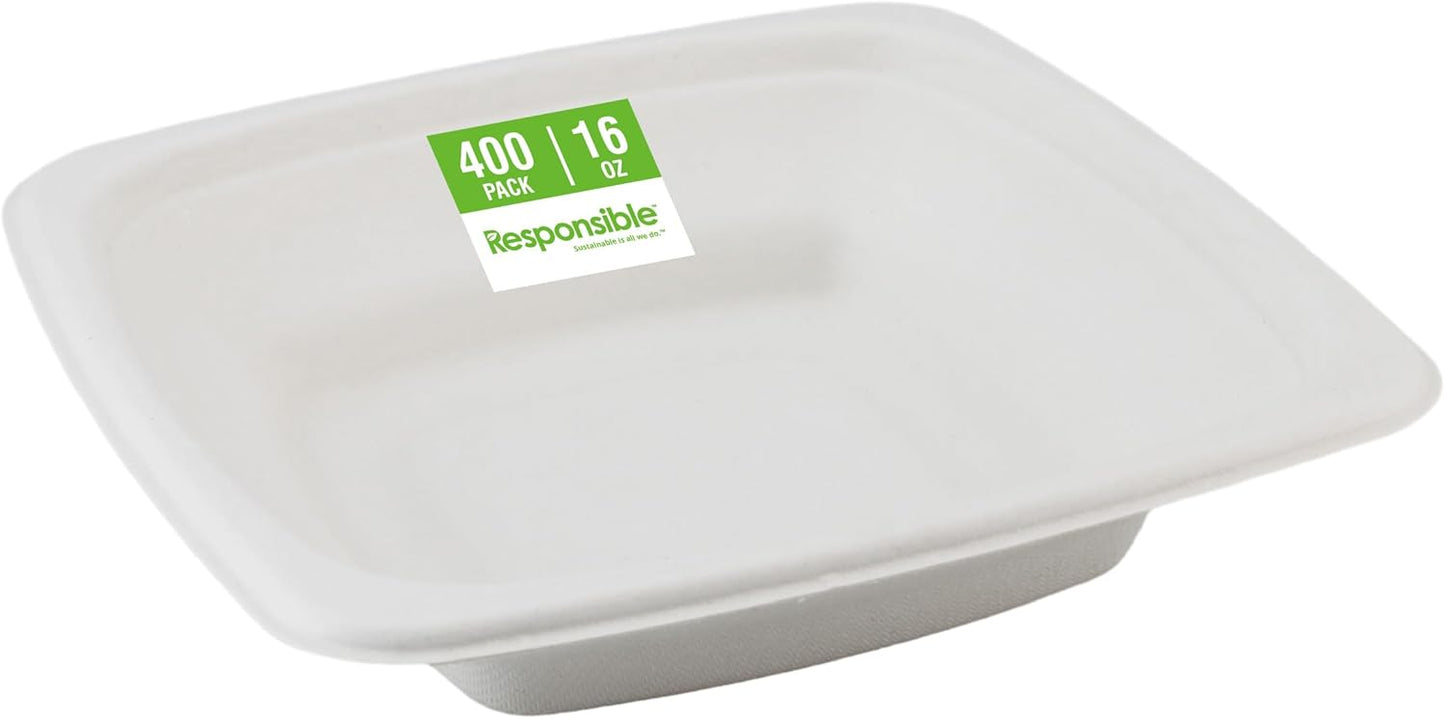 Responsible Products 100% Compostable Square Serving Bowls, 48 oz Disposable Paper Bowls, Microwave Safe, Freezer Safe, Soup Safe, No Plastic, Eco-Friendly, Tree-Free, No PFAS. White (50 Count)
