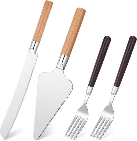 LemonRoad 4 Pcs Wedding Cake Knife and Server Set Wood Cake Cutting Set for Wedding Vintage Pie Cutter Silver Dessert Utensils with Forks for Christmas Bride and Groom