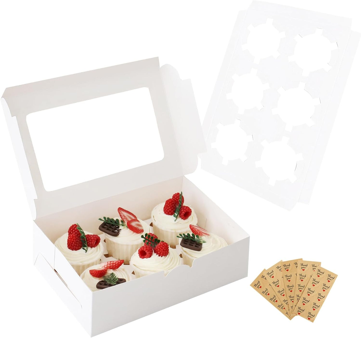 30 Pcs Cupcake Boxes with Clear Window, 9.4'' X6.3'' X3'', Food Grade Materials, Easy Assembly - Containers for Muffins, Cookies, Candies, and Bakeries