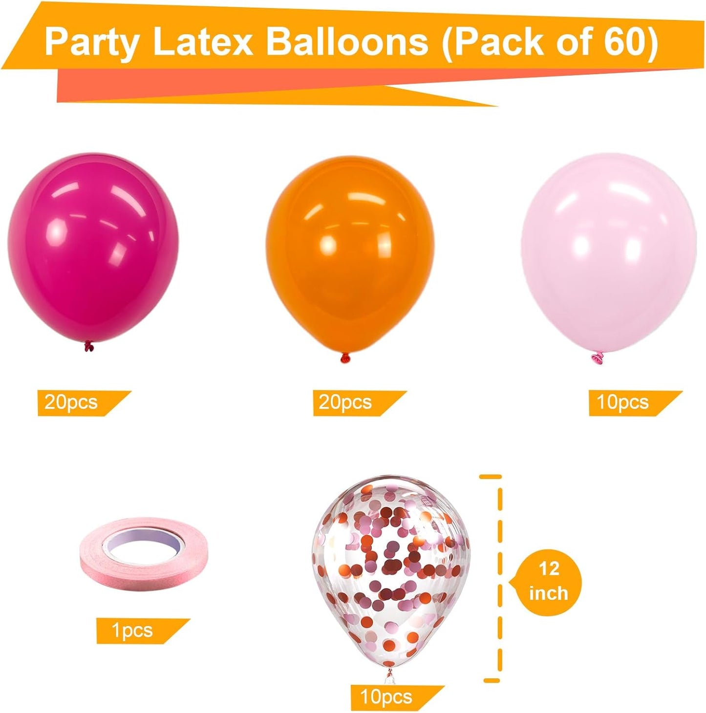 Bezente Pink Balloons Set,60pcs 12 inch Metallic Pearl Pink, Hot & Pastel Pink Latex Balloons Kit for Birthday,Wedding,Baby Shower,Princess Theme Party Decorations