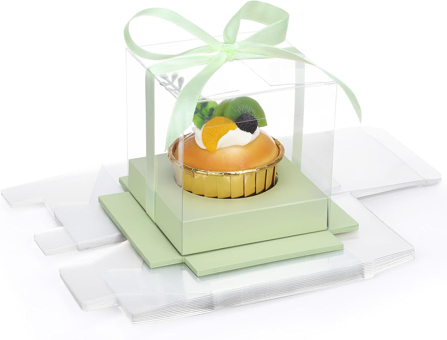EUSOAR Individual Cupcake Holder, 50pcs 3.5 Inch Plastic Black Cupcake Containers with Lids, Single Transparent Display Clear Cupcake Carrier with Ribbon and Inserts for Wedding Party Favor