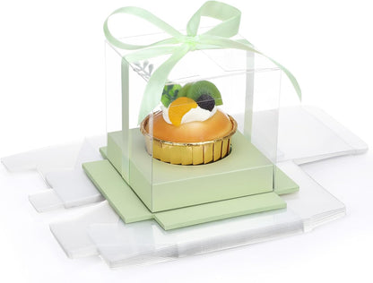 EUSOAR Individual Cupcake Holder, 50pcs 3.5 Inch Plastic Black Cupcake Containers with Lids, Single Transparent Display Clear Cupcake Carrier with Ribbon and Inserts for Wedding Party Favor