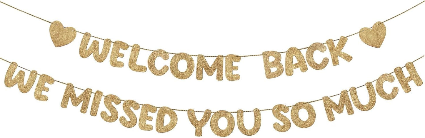 Fulmoon Pre Strung Welcome Back We Missed You So Much Banner, NO DIY, Glitter Welcome Home Celebration Decorations Family Gathering, Back to School, Military Homecoming Decoration(Dark Blue)