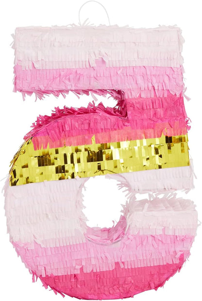 Number 5 Pinata, Pink and Gold Foil for Girls 5th Birthday Party Decorations (Small, 16.5 x 11.6 x 3 In)