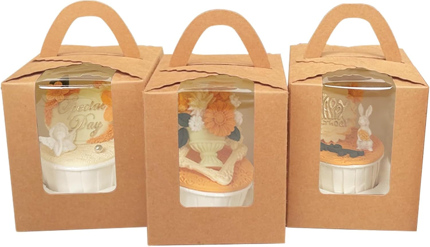 Bakepacker Auto-pop up Individual Cupcake Boxes with Window 60 Count Brown Single Cupcakes Box 3.7 x 3.7 x 4.3inch Cupcake Carrier