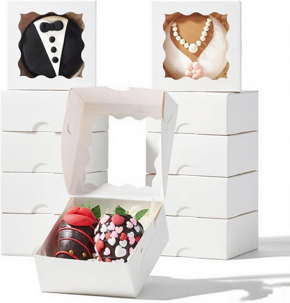 RomanticBaking 3 ¼" x 3 ¼" x 1 ½" 50PCS Chocolate Truffle Boxes for 4，Cookies Boxes Mini Bakery Boxes with Window for Brownie,Soap,Donut