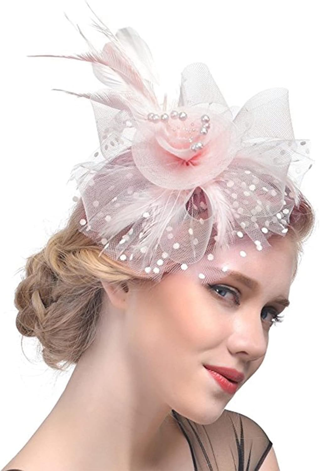 DRESHOW Fascinators Hat Flower Mesh Ribbons Feathers on a Headband and a Clip Tea Party Headwear for Girls and Women - Colors B