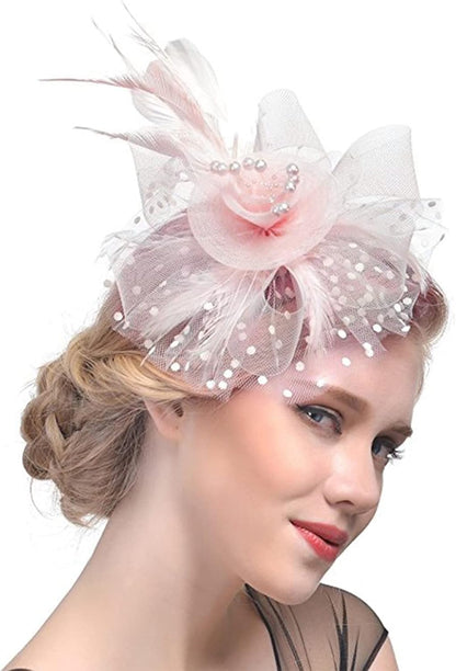 DRESHOW Fascinators Hat Flower Mesh Ribbons Feathers on a Headband and a Clip Tea Party Headwear for Girls and Women - Colors B