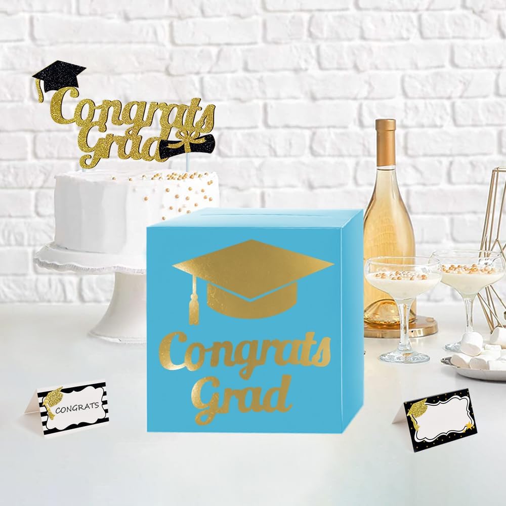 Graduation Card Box Holder, Congrats Grad Foldable Cardboard Decorations Box for Graduation Party Decoration and Grad Parties (Black)