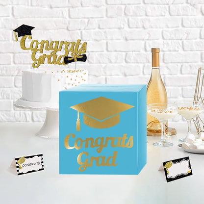 Graduation Card Box Holder, Congrats Grad Foldable Cardboard Decorations Box for Graduation Party Decoration and Grad Parties (Black)