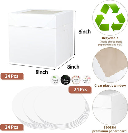 16pcs 8x8x8 Inches Cake Boxes,8pcs White Bakery Boxes with Window and 8pcs Boards,Cajas storage for 8 inch Cake box, Disposable Pie Box, Father's Day,Wedding, Birthday, Party