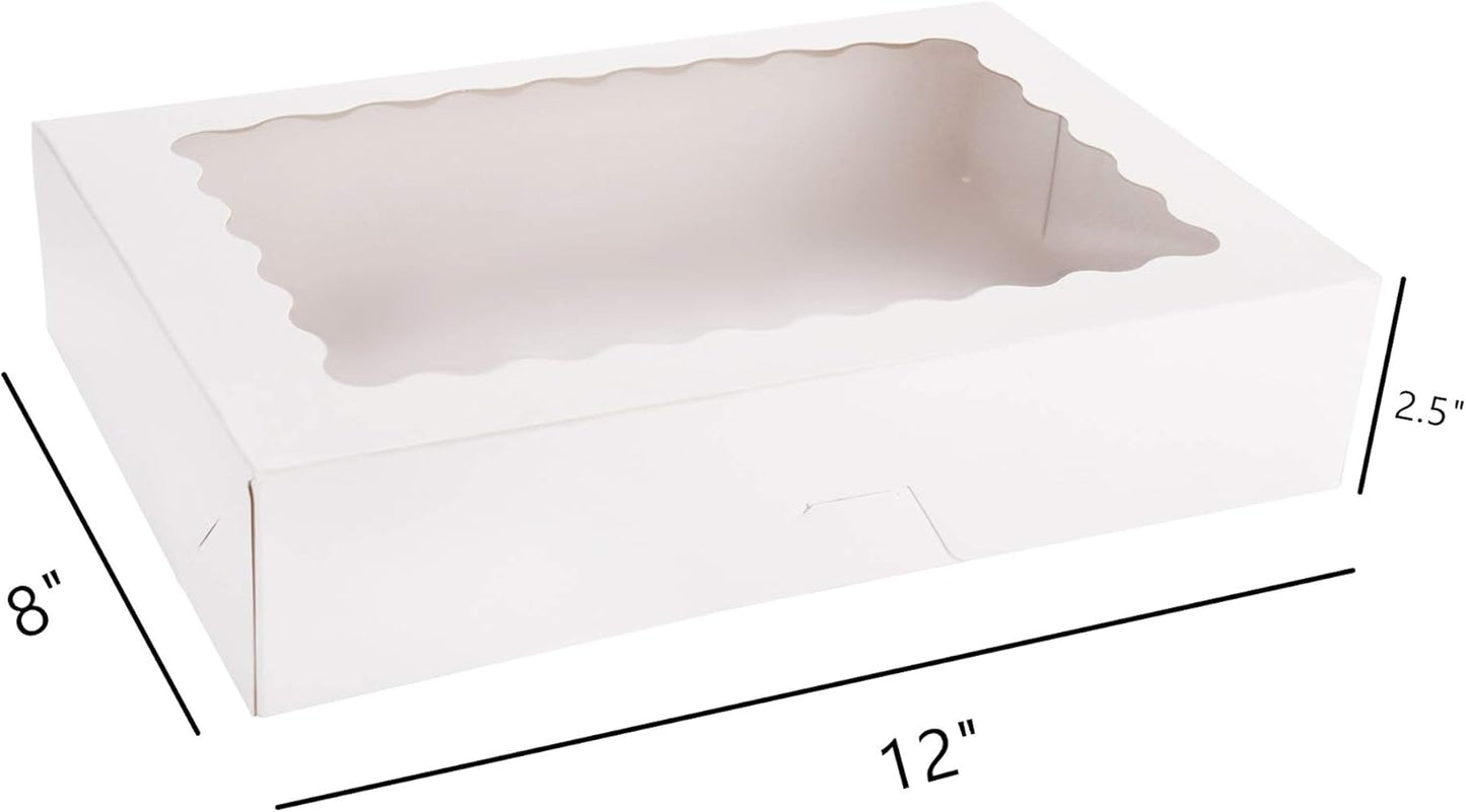 Tcoivs 20-Pack Bakery Boxes with Window, 12" x 8" x 2.5", Large White Cookie Boxes, Auto-Popup Treat Boxes for Pies, Cakes, Muffins, Donuts and Pastries