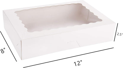 Tcoivs 20-Pack Bakery Boxes with Window, 12" x 8" x 2.5", Large White Cookie Boxes, Auto-Popup Treat Boxes for Pies, Cakes, Muffins, Donuts and Pastries