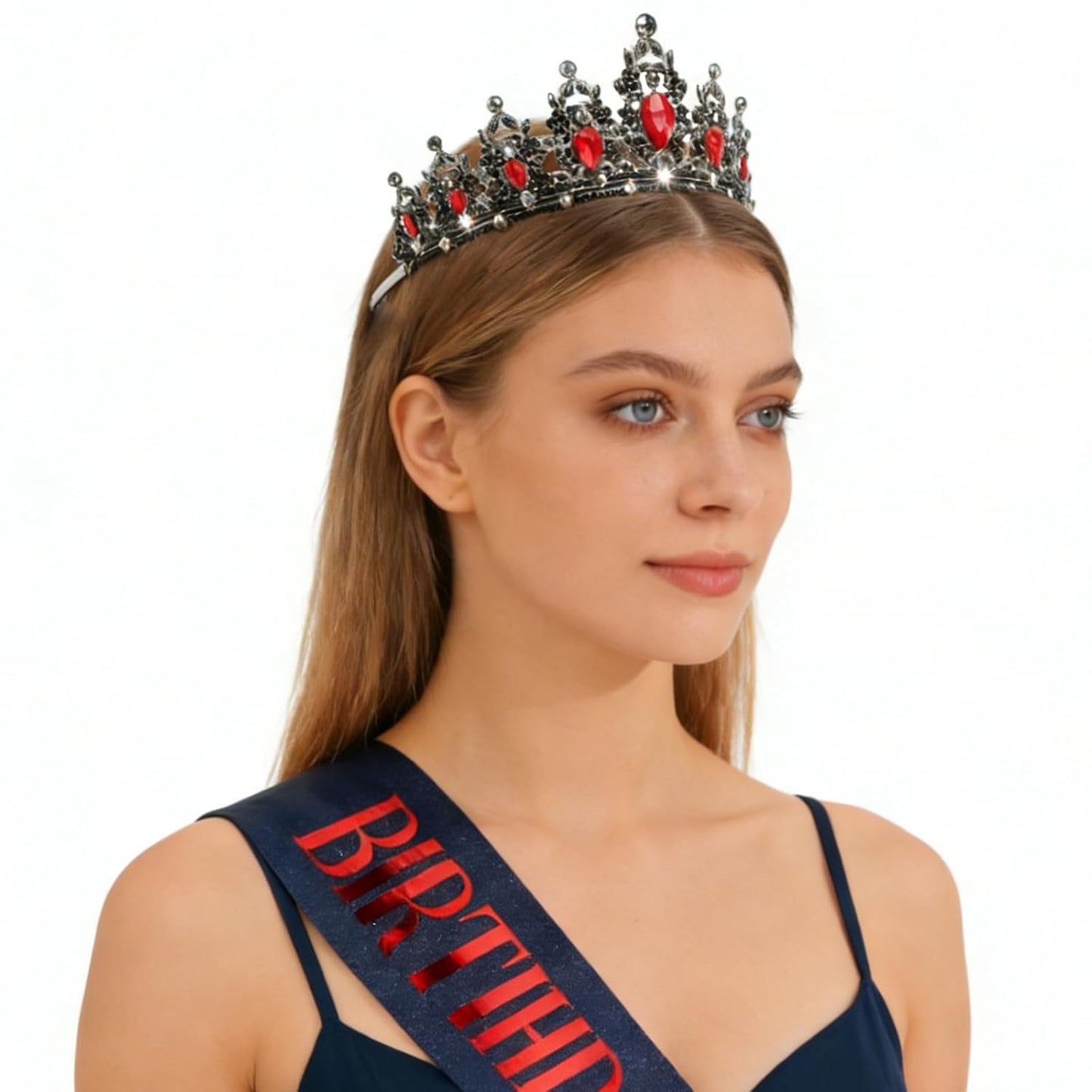 CAVETEE Red Black Birthday Crown and Sash for Women Sash & Rhinestone Tiara Set Red and Black Party Decorations Birthday Queen Crowns Tiaras for Women
