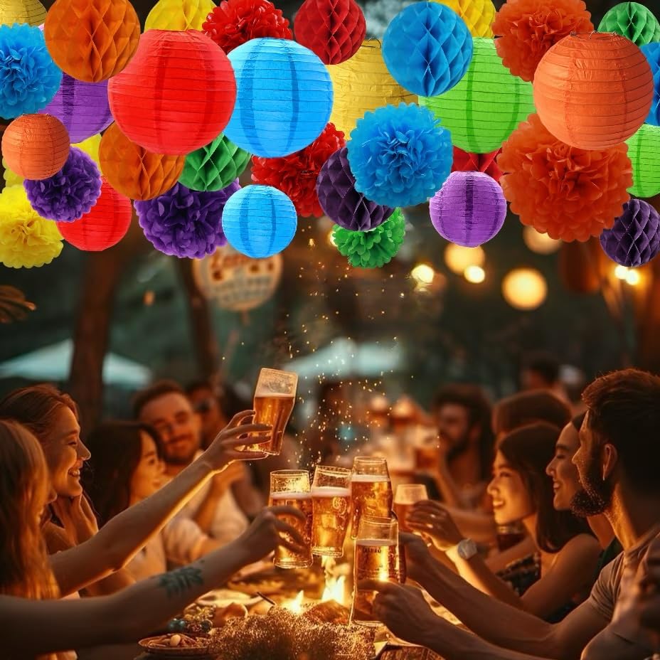 WOLHOWLTD Mermaid Theme Paper Decoration Set - 33 Pcs Paper Lanterns, Pompoms, Honeycomb Decorations for Mermaid Theme, Baby Shower,Wedding Rainbow Birthday Party Home Decoration(Pink Blue Purple)