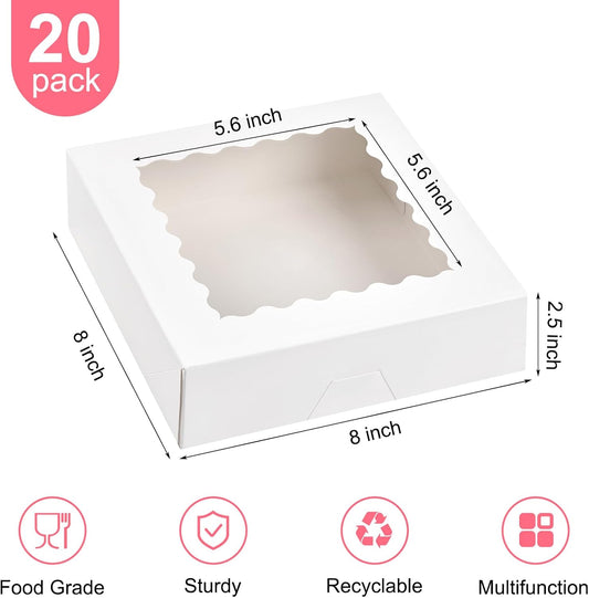 Kucoele 20 PCS Pie Boxes, 9 x 9 x 2.5 Inches Bakery Boxes with Window, Auto-Popup Cookie Boxes White Treat Boxes for Chocolate Strawberries, Pastries, Muffins, Donuts