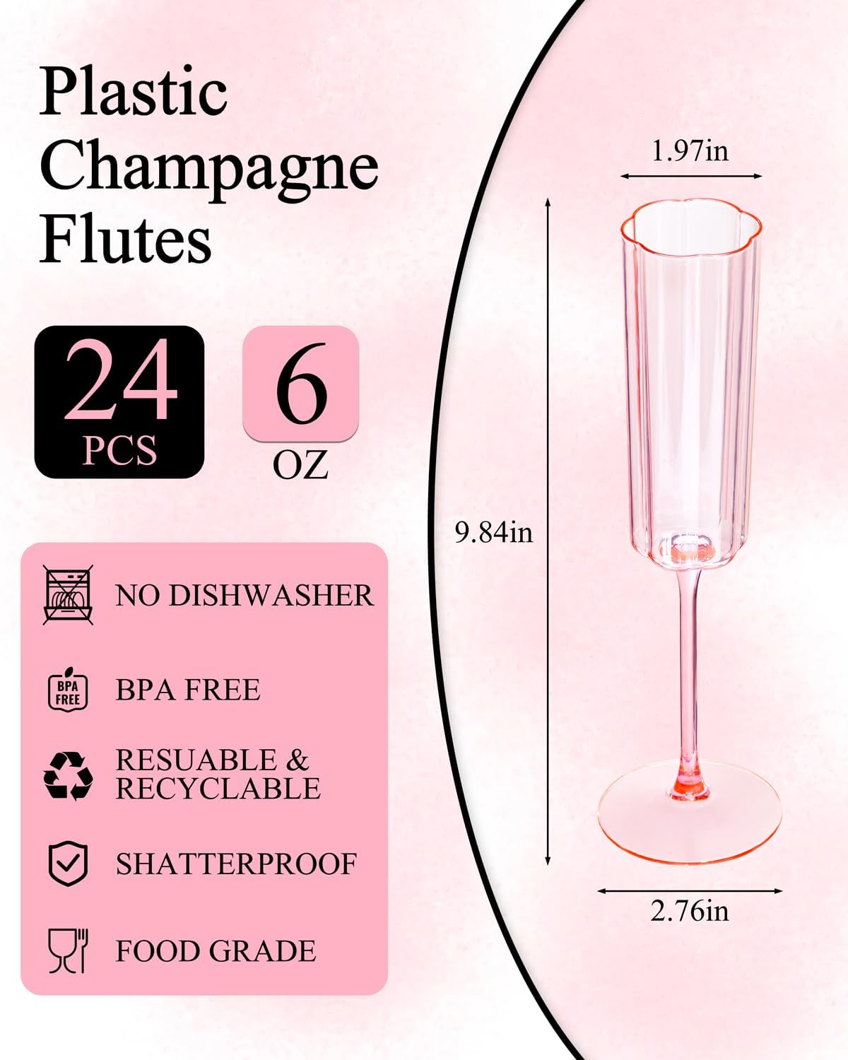 Ciaell 24 Pack Plastic Champagne Flutes - 6oz Ribbed Disposable Champagne Glasses - Clear Vintage Mimosa Glasses with Long Stem, Elegant for Weddings, Birthdays, Party