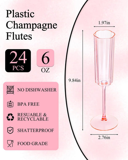 Ciaell 24 Pack Plastic Champagne Flutes - 6oz Ribbed Disposable Champagne Glasses - Clear Vintage Mimosa Glasses with Long Stem, Elegant for Weddings, Birthdays, Party