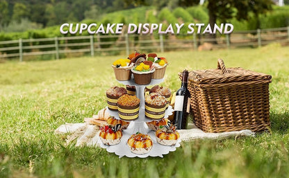 White Cupcake Stand Tower, 3-Tier Cardboard Dessert Display with Heart Handle,Perfect for Birthday Baby Shower Wedding Tea Party Graduation, Easy 60-Second Assembly, Holds 12+Cupcakes (1-Pack)