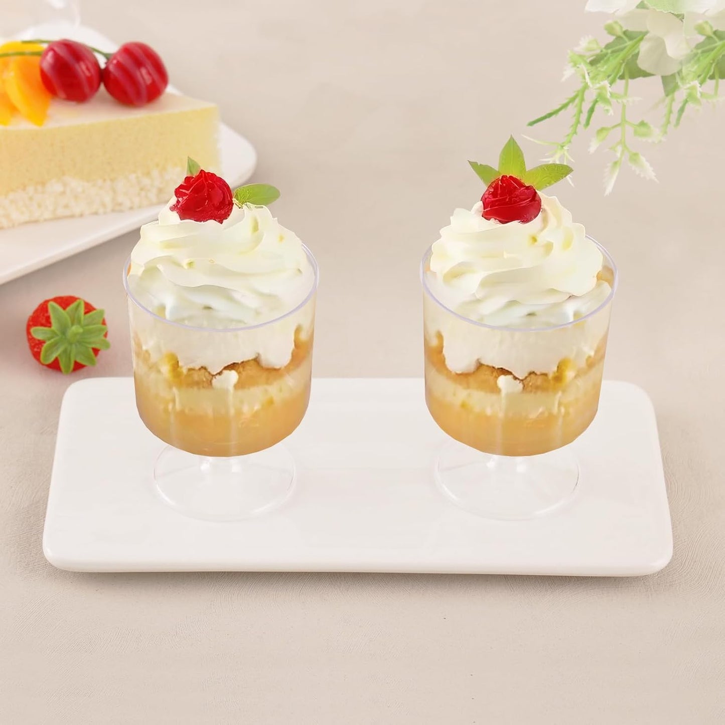 200 Pcs Dessert Cups with Spoons - 5 OZ Mini Clear Plastic Dessert Parfait Cups - Square Shooter Cup Round Goblet for Party Appetizer Fruit Pudding Ice Cream Cake